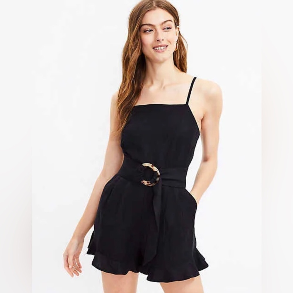 LOFT Size 2‎ Black Ruffle Belted Linen Blend Romper